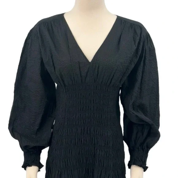 FRAME Denim V neck Smocked Long Sleeve Mini Dress Size Small Black NWT
